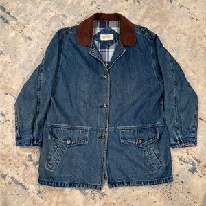 Flannel lined button up denim jacket with corduroy collar
